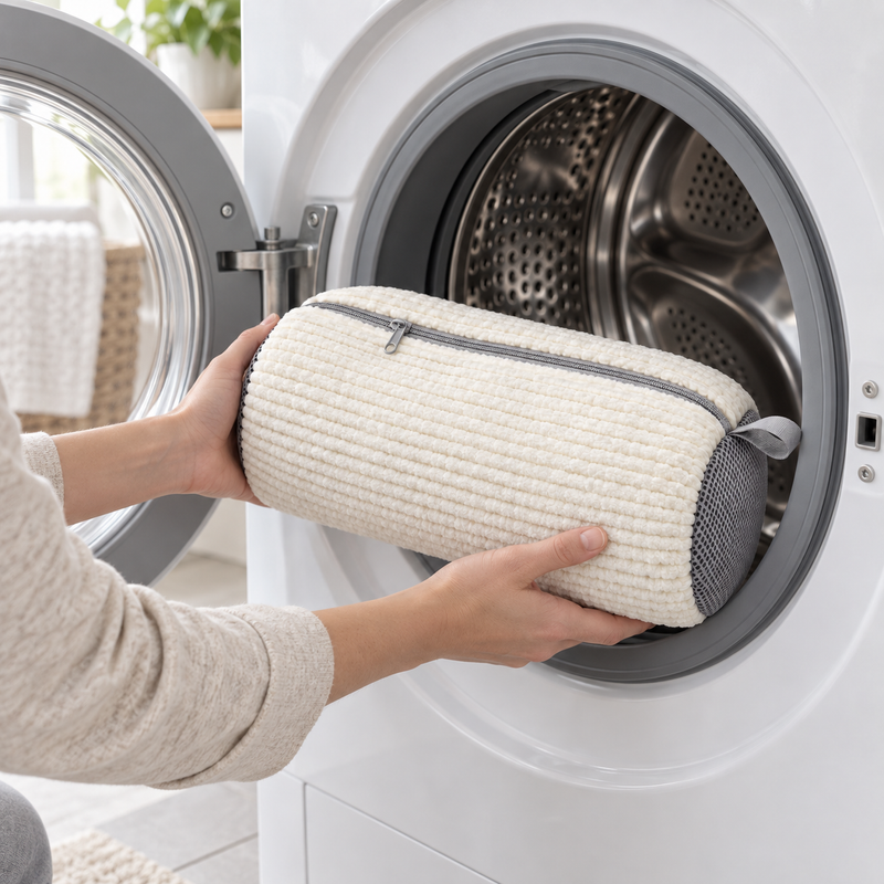 Hands placing the closed CloudWash bag into a washing machine