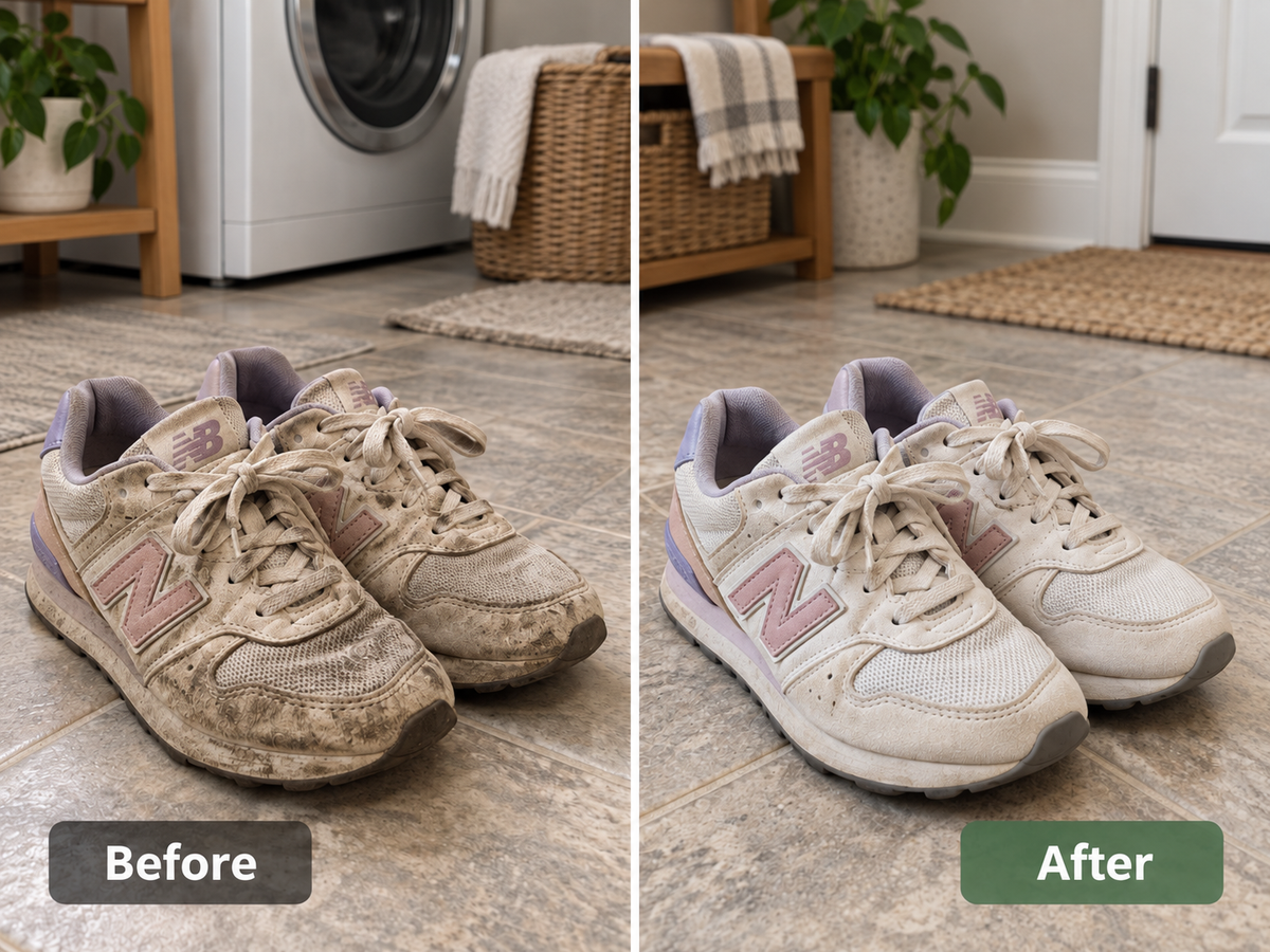 New Balance shoes before and after washing with the CloudWash bag